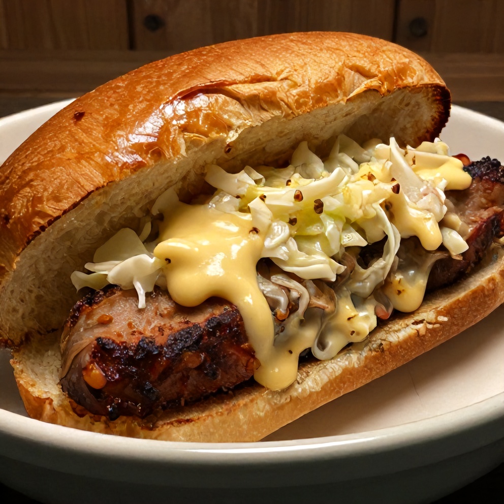 Plated Slow Cooker Beer Brat on a bun with sauerkraut and mustard