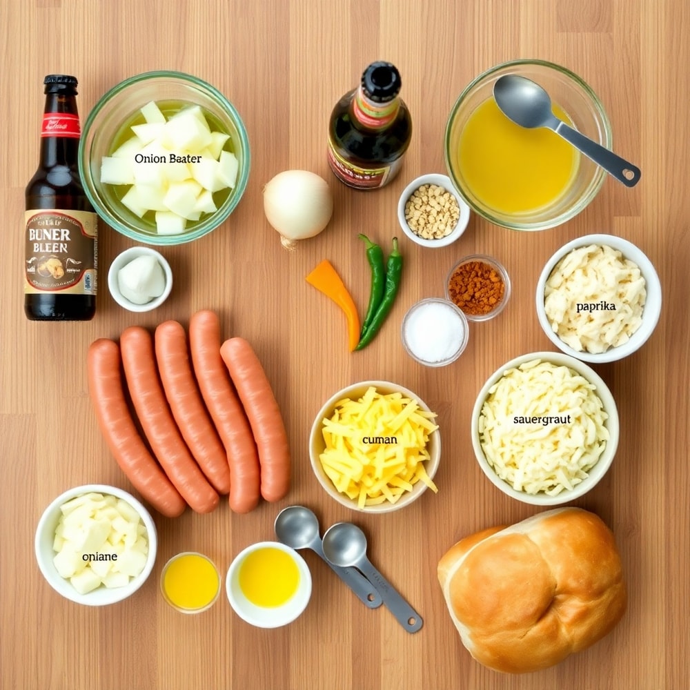 Raw ingredients for Slow Cooker Beer Brats laid out on a wooden surface