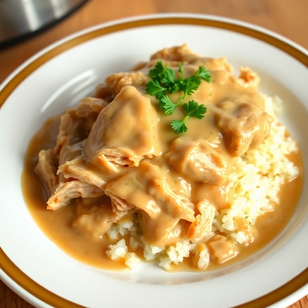 Plated serving of Slow Cooker Chicken and Gravy with creamy gravy