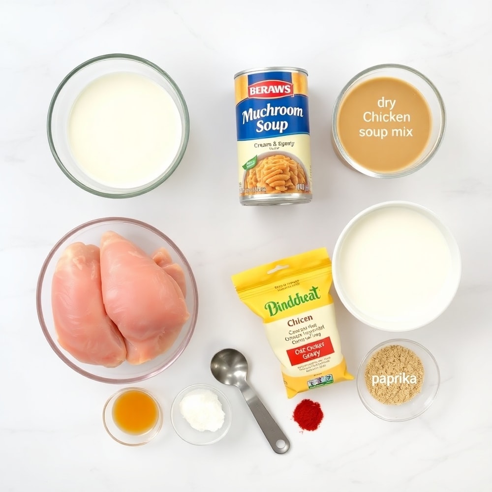 Raw ingredients for Slow Cooker Chicken and Gravy laid out on a wooden surface