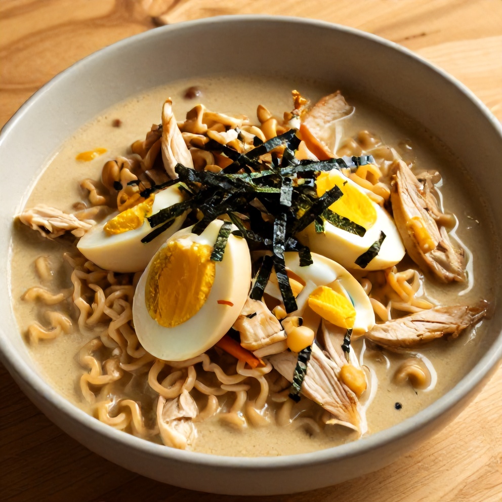 Plated Slow Cooker Chicken Ramen with crispy nori strips