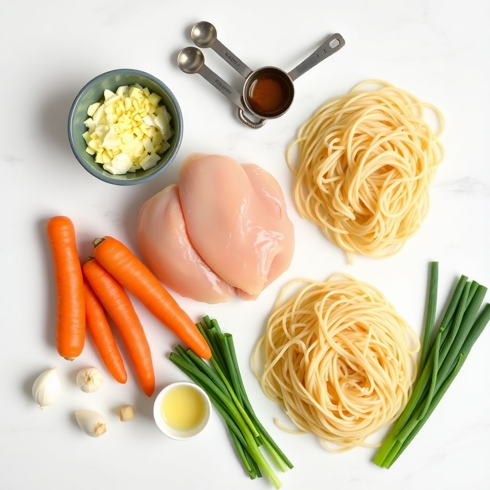 Raw ingredients for Slow Cooker Chicken Ramen: chicken breasts, ramen noodles, carrots, garlic, ginger, soy sauce