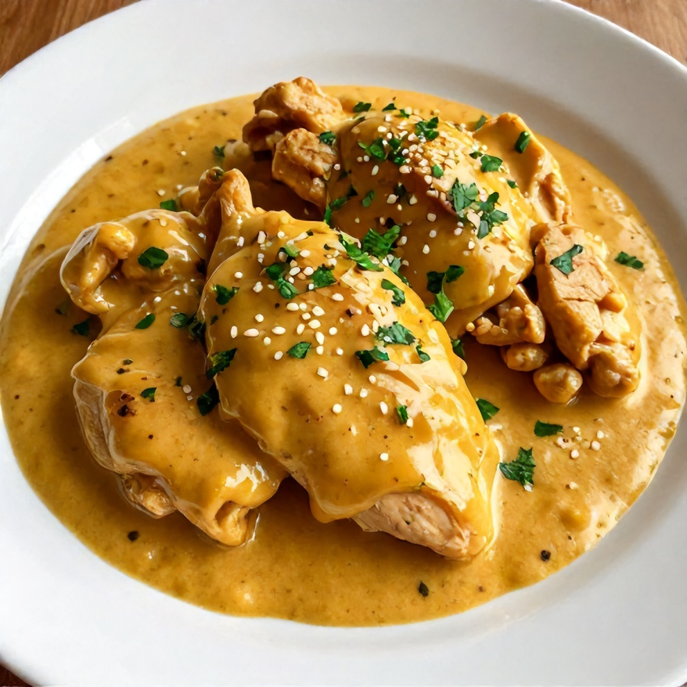 Plated serving of creamy honey mustard chicken