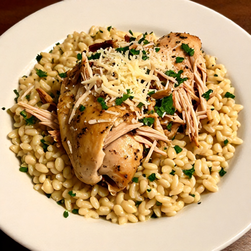 Plated slow cooker parmesan herb chicken with creamy orzo