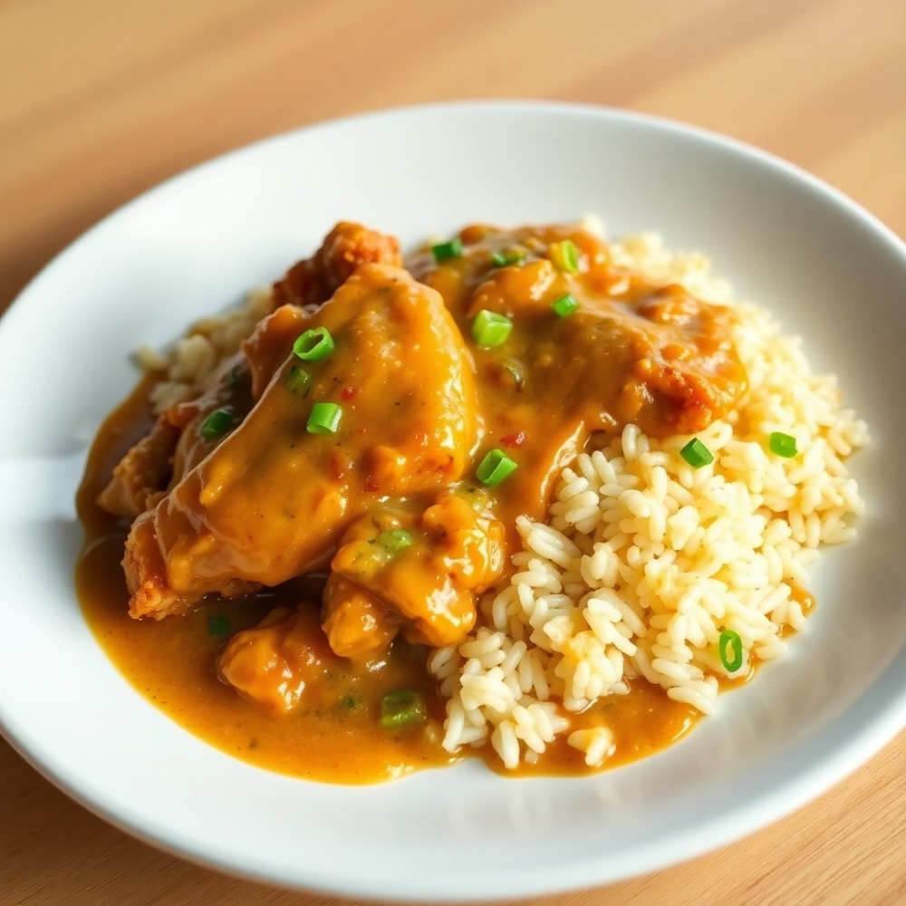Plated Smothered Chicken and Rice with green onions