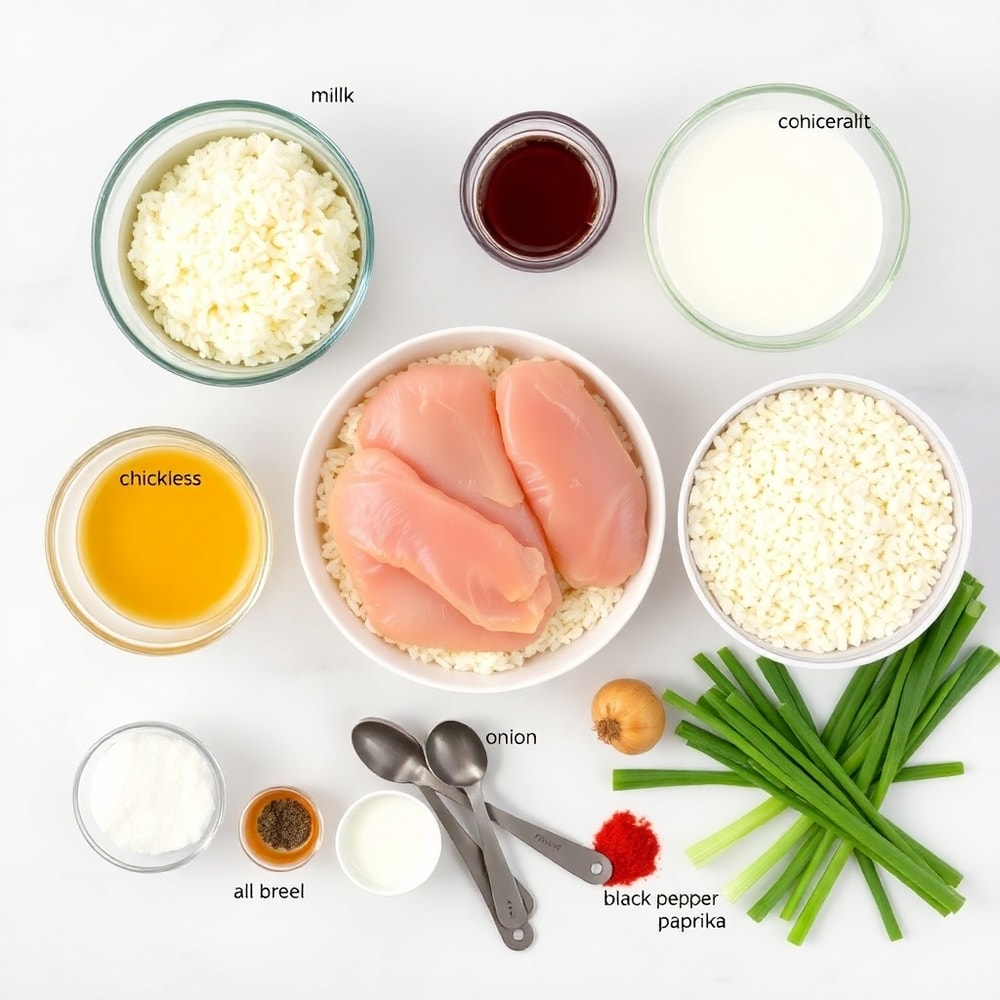 Raw ingredients for Smothered Chicken and Rice laid out