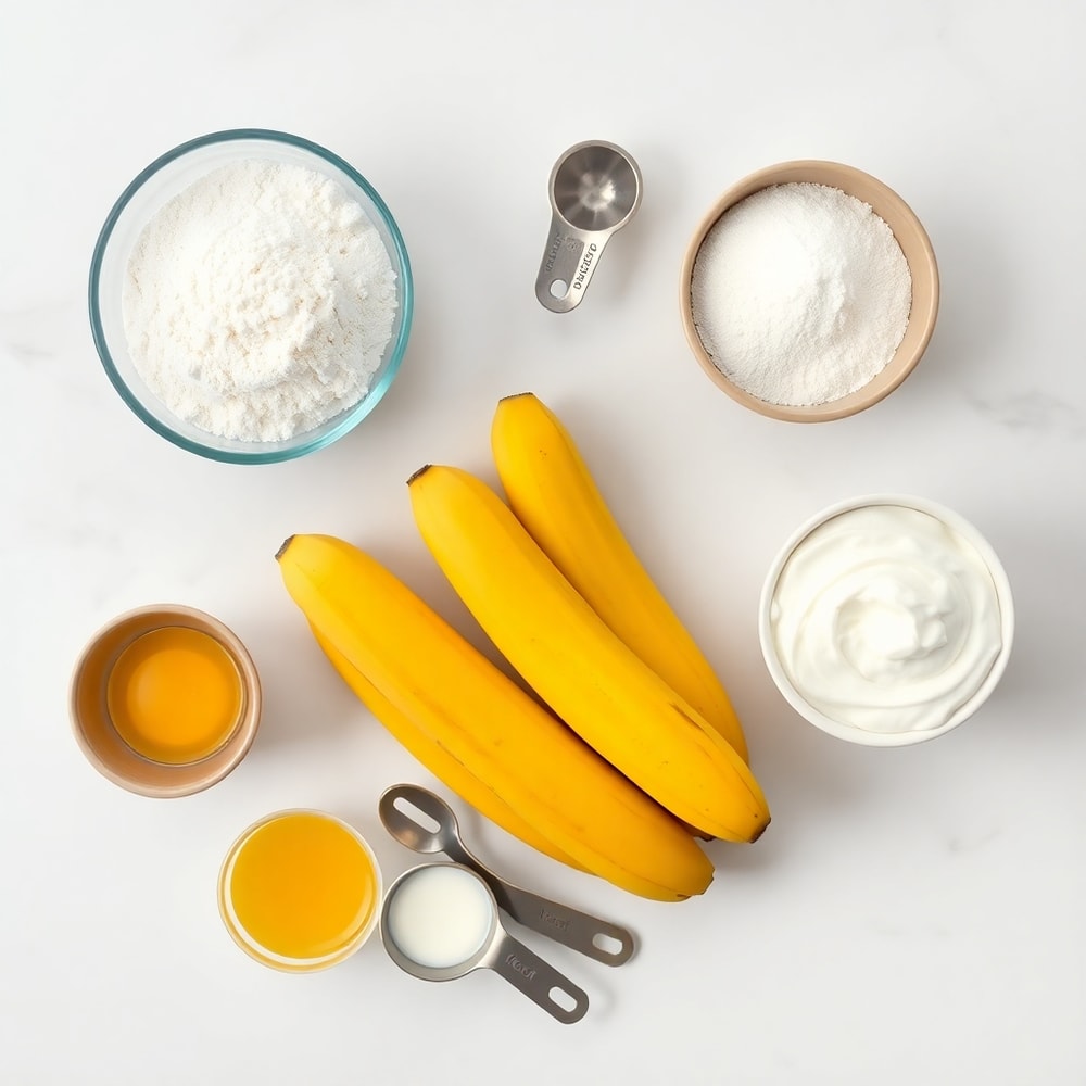 Banana, flour, sugar, eggs, and butter arranged on a marble surface