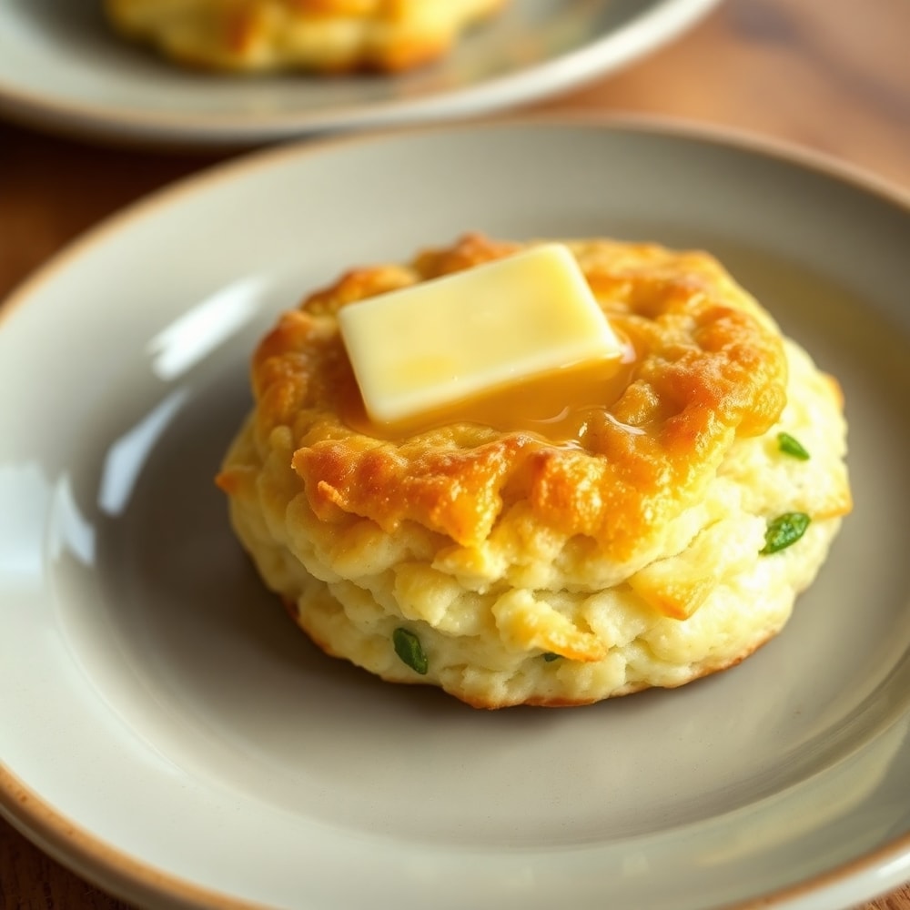 Plated sour cream and onion biscuit with melted butter