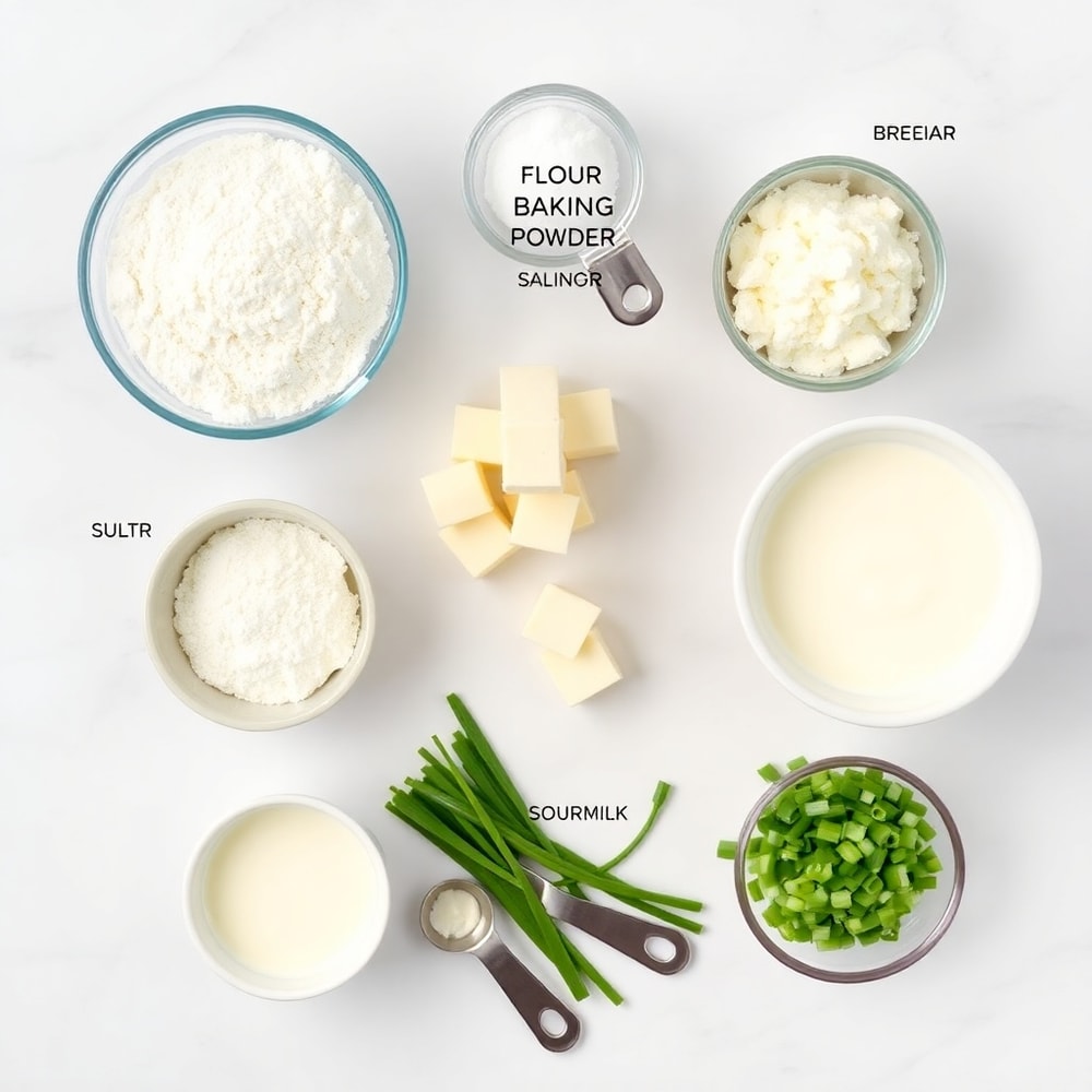 Raw ingredients for sour cream and onion biscuits on a marble surface