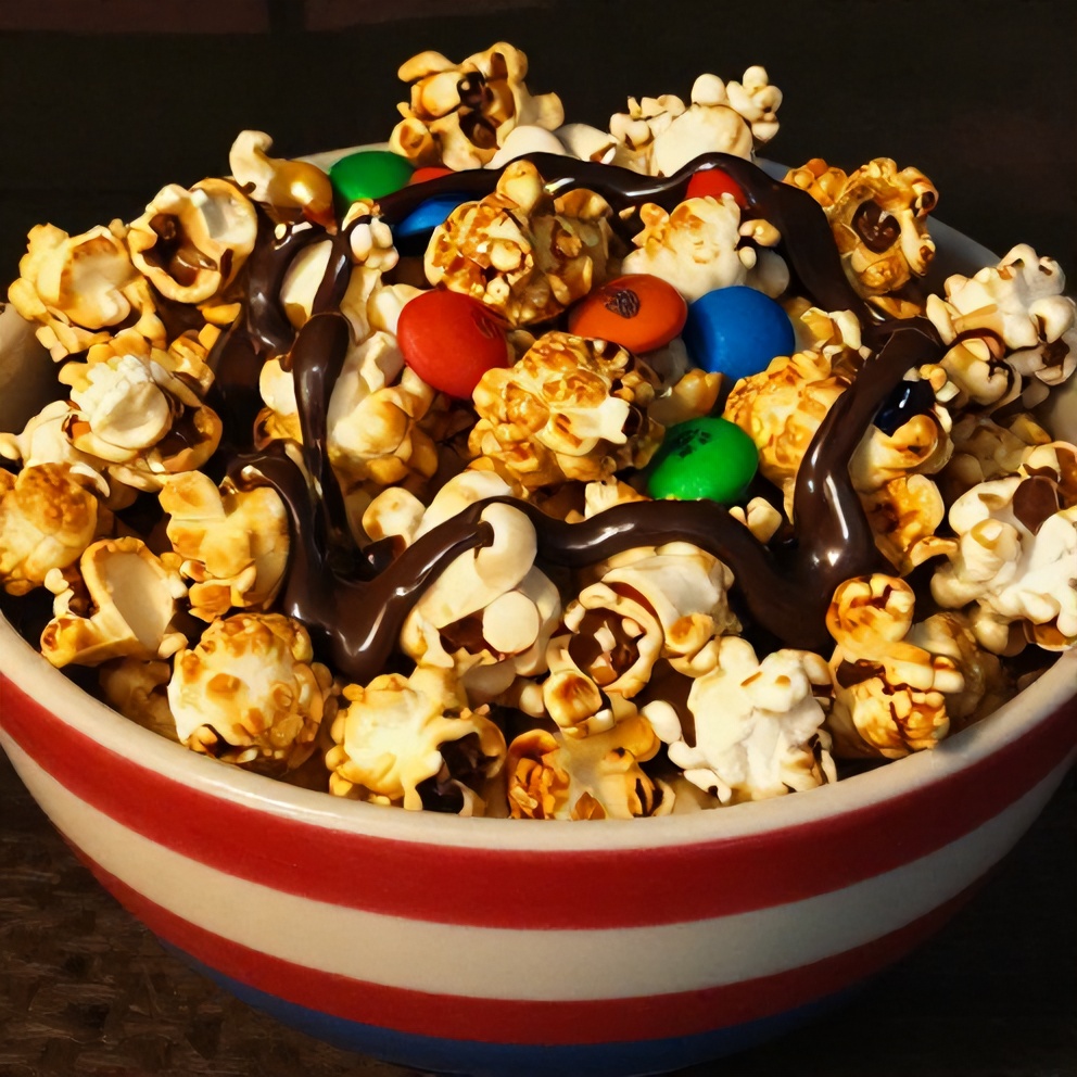 Star-Spangled Popcorn Mix served in a red, white, and blue striped bowl