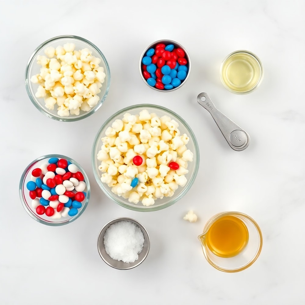 Ingredients for Star-Spangled Popcorn Mix laid out on a wooden surface