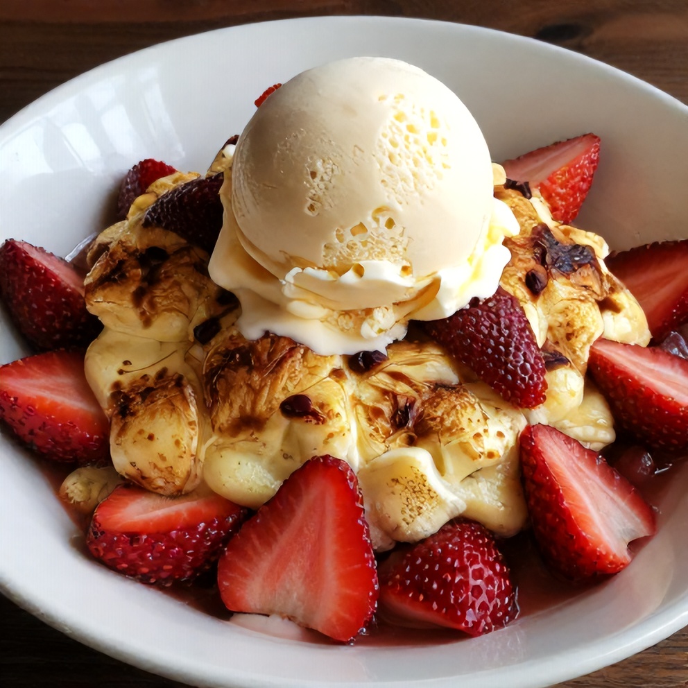 A perfect serving of strawberry cobbler with a scoop of vanilla ice cream
