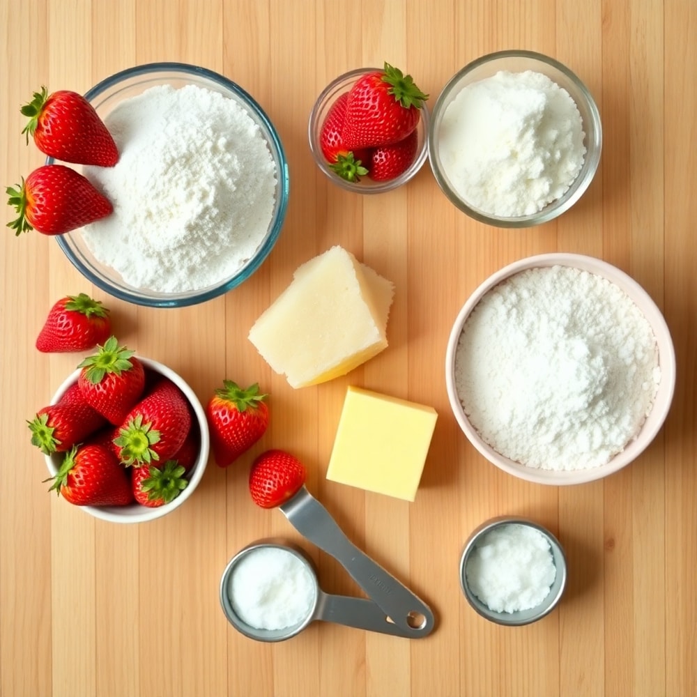Fresh strawberries, flour, sugar, butter, and baking powder arranged on a wooden surface