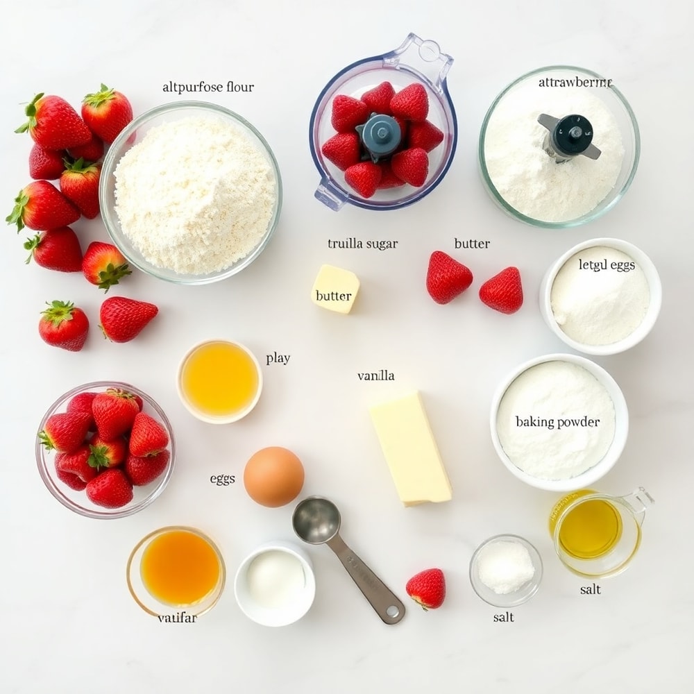 Strawberry Crunch Cookies ingredients on a white marble surface
