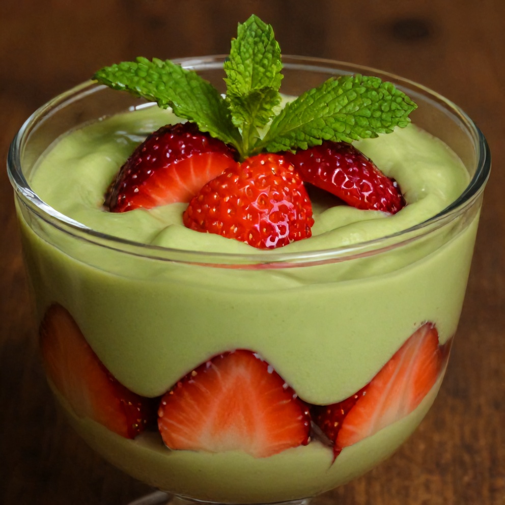 Strawberry Matcha Sago Dessert garnished with fresh mint leaves