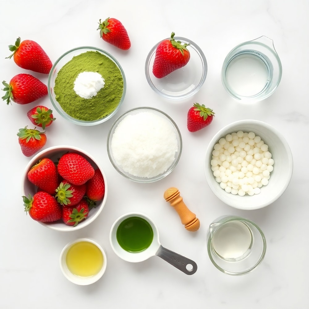 Raw ingredients for Strawberry Matcha Sago Dessert on a wooden surface