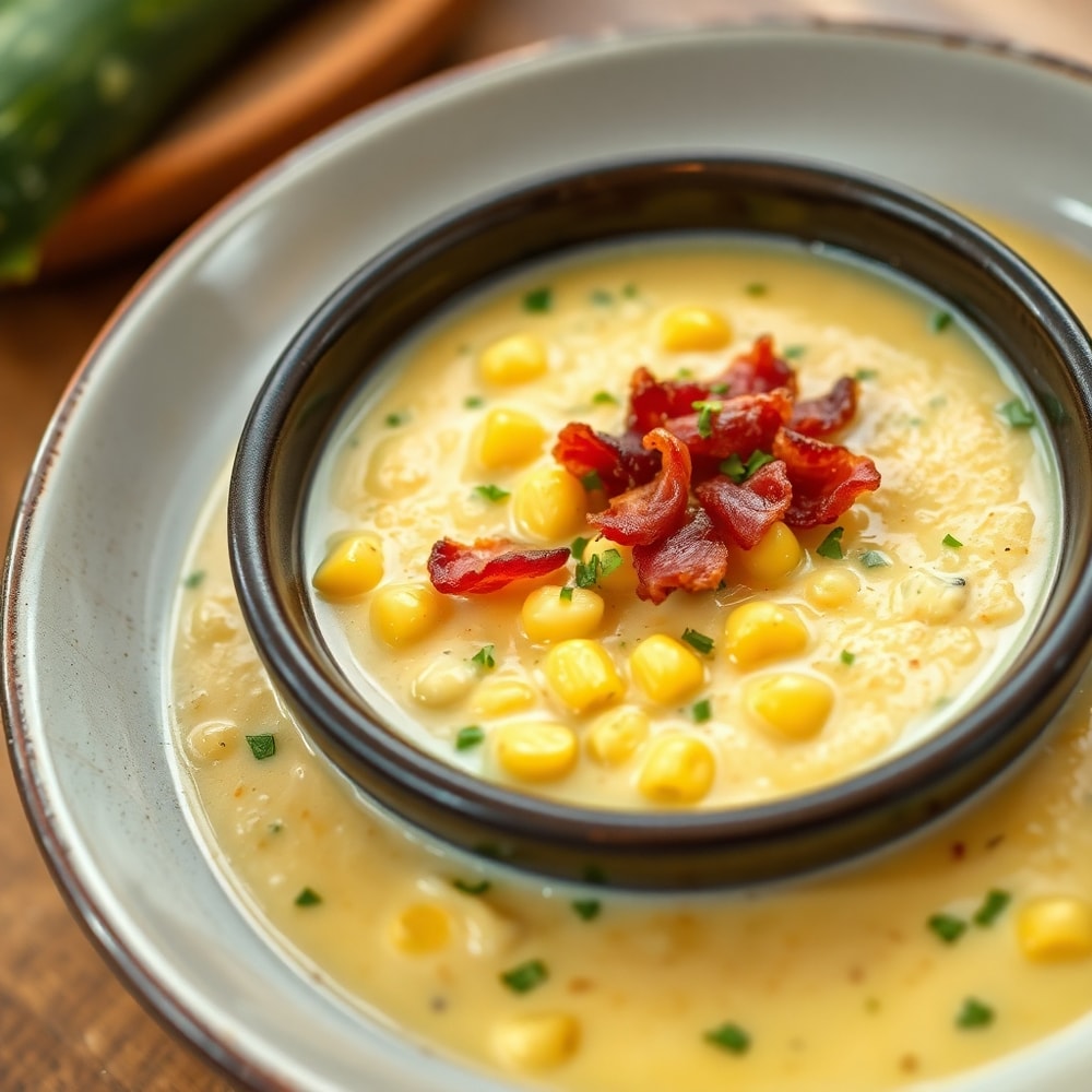 Bowl of creamy corn and zucchini chowder with crusty bread