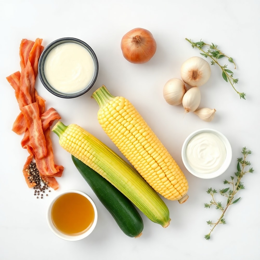 Raw ingredients for summer corn and zucchini chowder on marble surface
