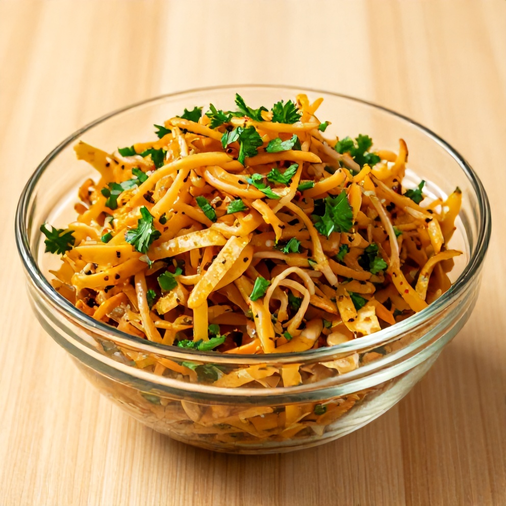 Sweet and Spicy Pickle Slaw served in a glass bowl