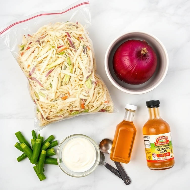Raw ingredients for Sweet and Spicy Pickle Slaw on a white marble surface