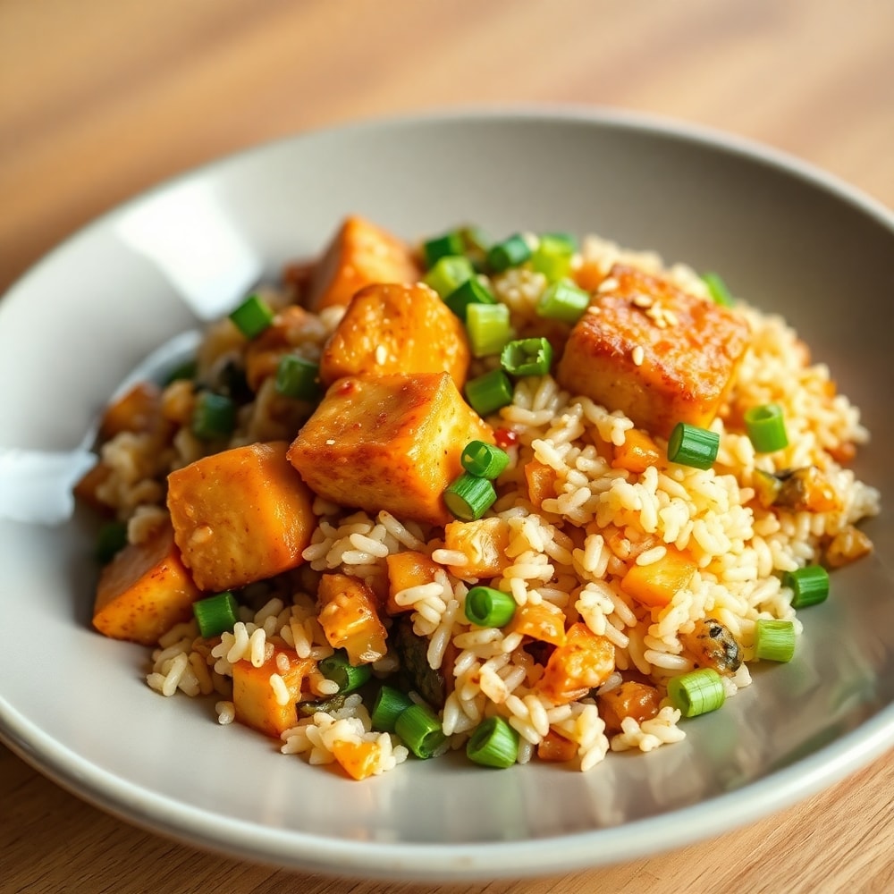 Plated teriyaki tofu rice casserole with green onions and sesame seeds