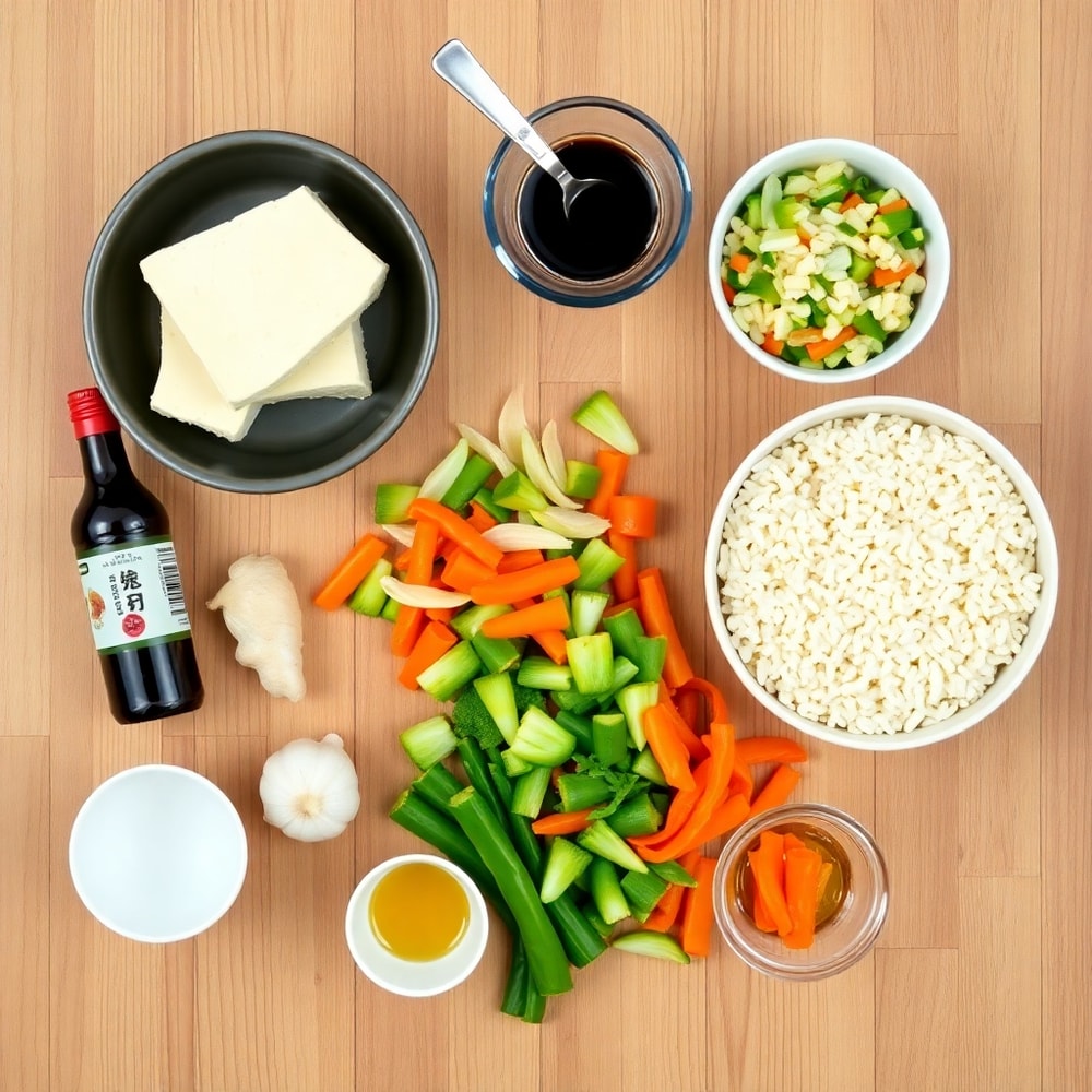 Teriyaki tofu, rice, mixed vegetables, and seasonings laid out on a wooden surface